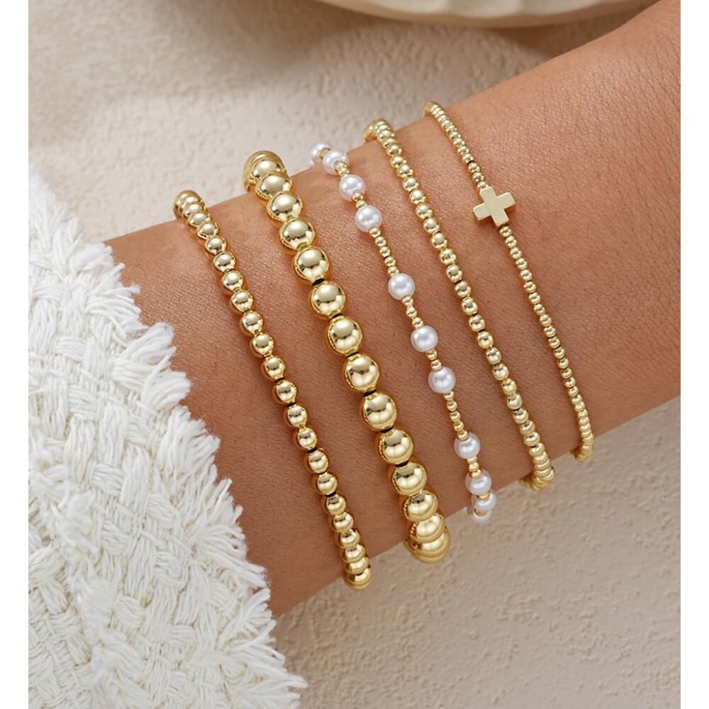 Gold Beaded Stackable Bracelets Set, Trendy 14k G… - image 4